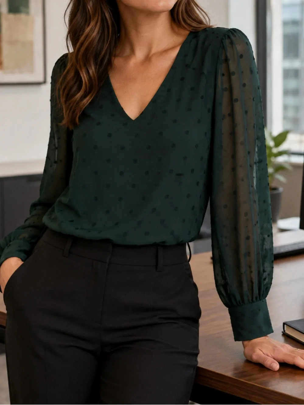 J. Crew Chiffon Dot V-Neck Puff Sleeve Blouse Career Green XXL